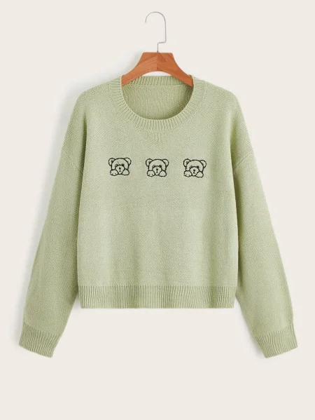 Cartoon Bear Embroidery Drop Shoulder Sweater