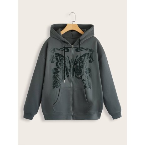X Ashley Baxter Butterfly Graphic Zip Up Pocket Drawstring Thermal Hoodie