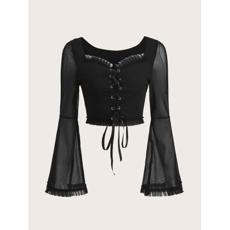 Lace Up Contrast Mesh Top
