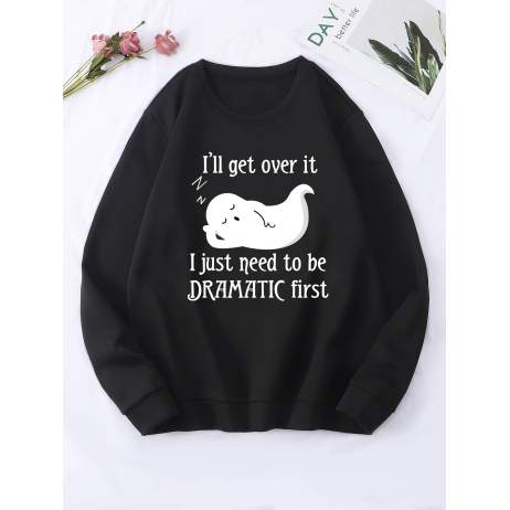Slogan & Cartoon Graphic Thermal Lined Pullover