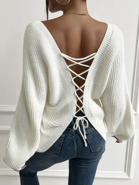 Lace Up Back Dolman Sleeve Sweater