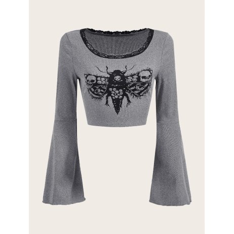 Skull Graphic Contrast Lace Bell Sleeve Tee